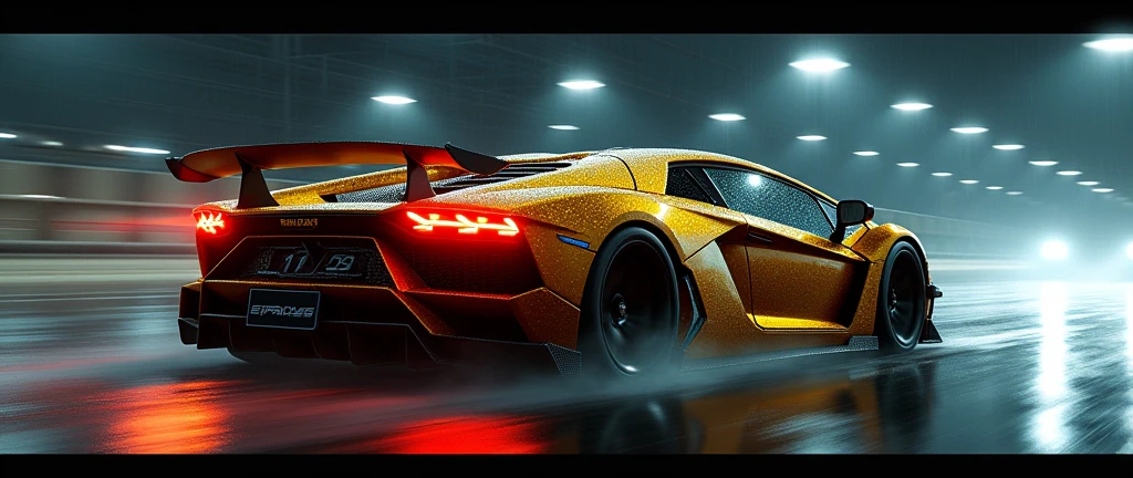 A High Speed Vehicle on a Rainy Night with Lightning, illuminating its black color with its most magnificent golden finish, and its taillight with a mocking look.