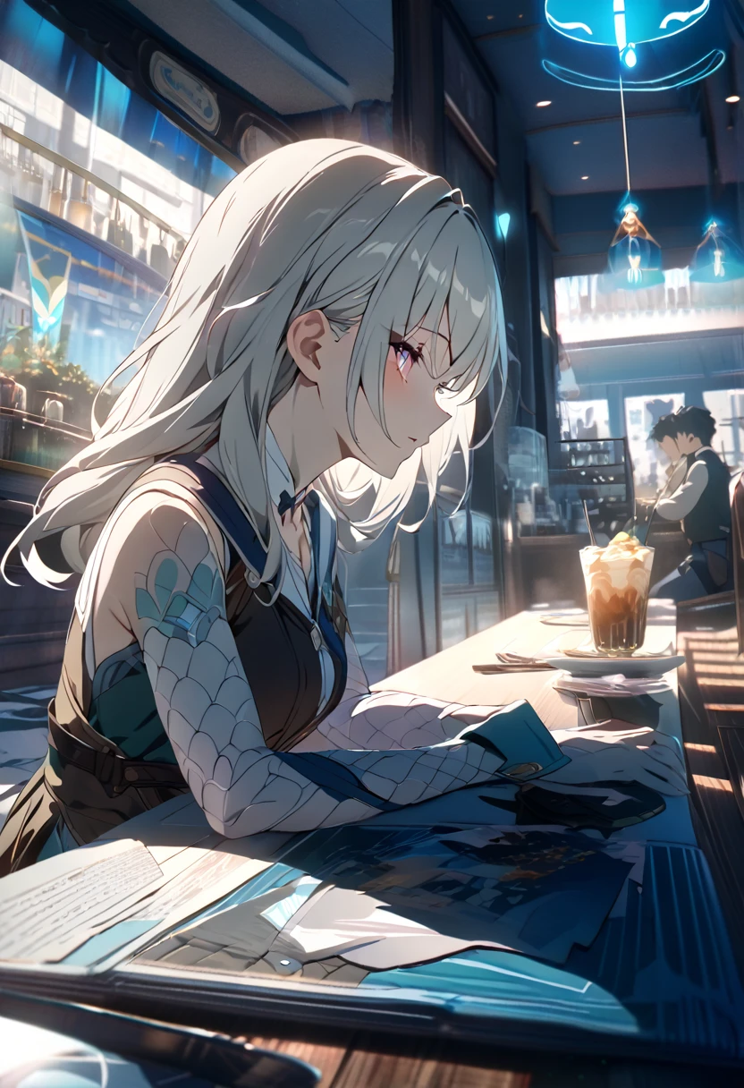 anime, anime style, cinematic lighting, UHD, masterpiece, accurate, anatomically correct, textured skin, high details, high quality, highres, 4K, firefly honkai star rail, pov date on cafe