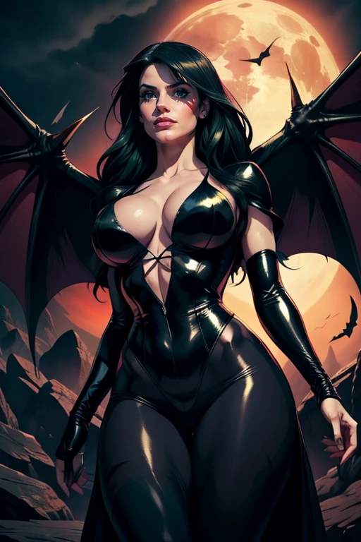 The image shows Morrigan Aensland, an iconic character from the gaming universe. She is in a dominant and confident pose, in a bottom-up perspective that accentuates its imposing presence. leans forward slightly, with arms crossed over chest, emphasizing your curves. Her expression is seductive and confident, with a slight smile on his lips and a fixed gaze that exudes power and charm. Your green eyes shine, conveying both mystery and authority. Morrigan is wearing her classic outfit, a black jumpsuit that clings to the body, highlighting her voluptuous figure and well-defined silhouette. The jumpsuit has a deep neckline, revealing part of the bust. Her legs are covered by tight purple stockings., that complement the outfit and add an interesting visual contrast. The long socks have bat wing marks, a characteristic detail of its design. Her long green hair is loose, flowing wildly around her, creating an almost ethereal effect. They seem to move with the wind or with the power that emanates from it., adding dynamism to the scene. Your bat wings, one of its most striking features, are open on the sides, complementing his demonic look and further increasing his menacing aura. The scenery around Morrigan is dark and supernatural.. Ao fundo, a big bright red circle, which can be interpreted as a full moon, illuminate the scene with an intense light, creating a dramatic contrast with the dark shadows around it. The environment is dark, with shades of black and red dominating the color palette, which contributes to the sinister and powerful atmosphere of the image. In general, the image perfectly captures the essence of Morrigan Aensland, showing her as a powerful and seductive figure in an environment that reinforces her demonic and imposing character.