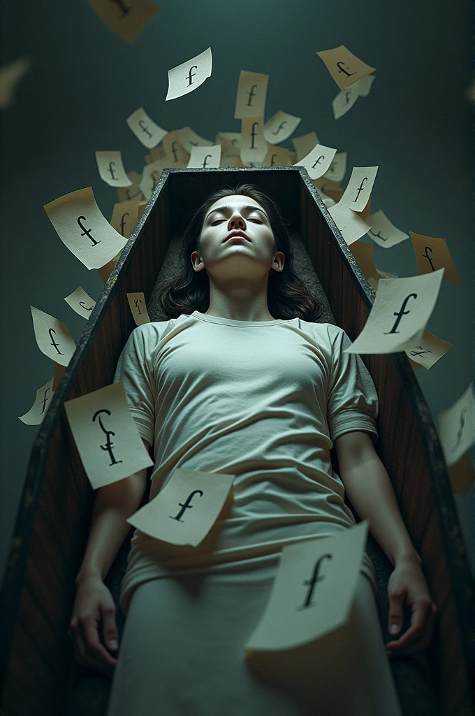 Poster of a teenager in a coffin with lots of papers saying F