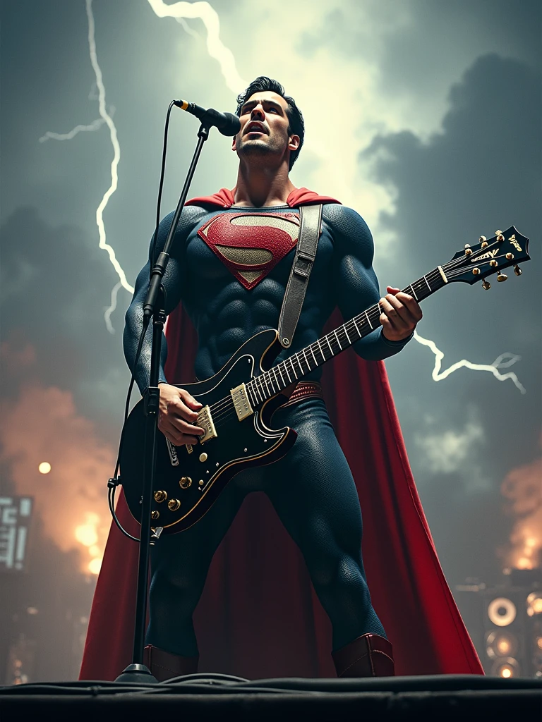 Rock Superman marvel holding the microfon singing with a background of thunder and a very rock vibes.