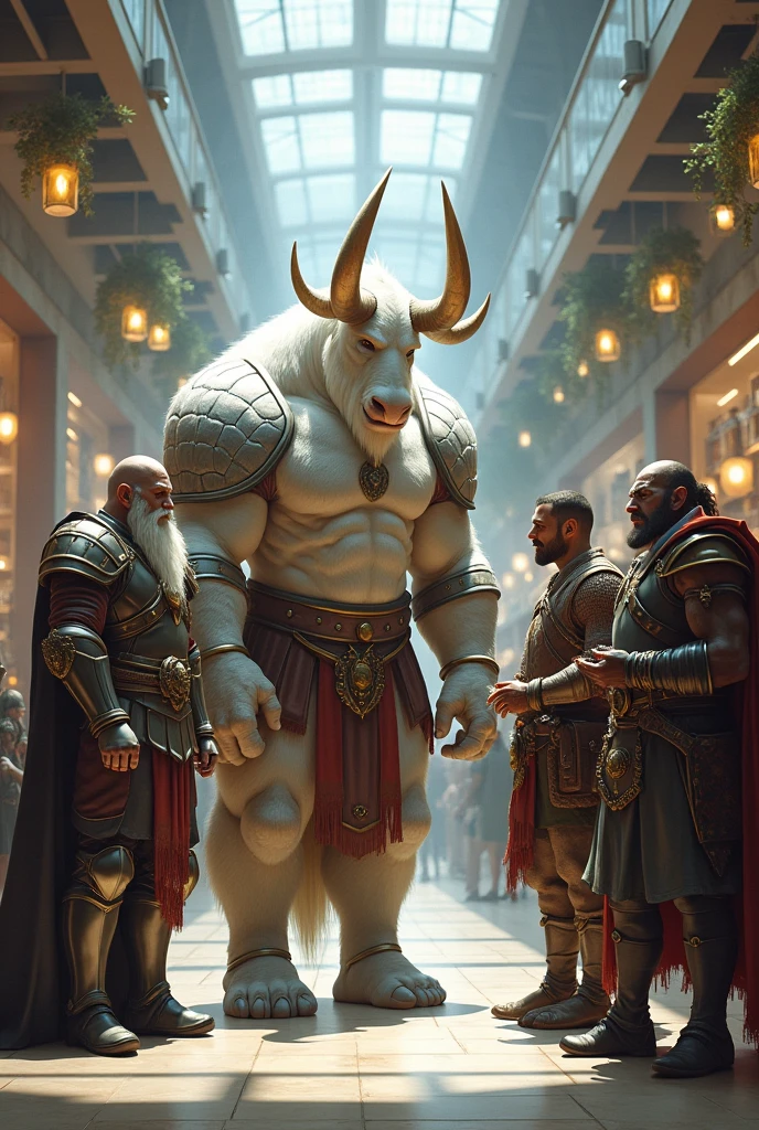 A white Minotaur, a dwarf, A military human and an orc shopping for armor at a mall 