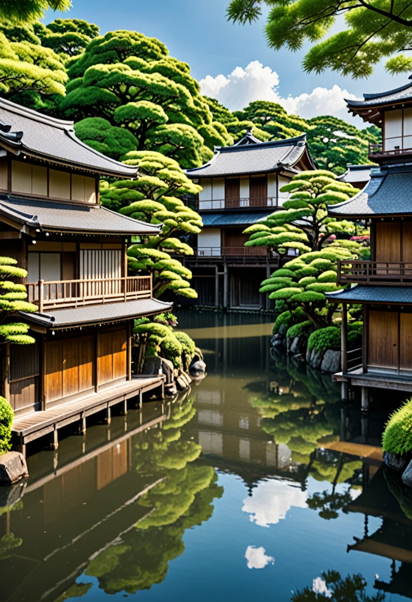 (masterpiece, Highest quality, 8k, High resolution, Ultra high definition、detailed、detailed、Are you okay、:1.5) Traditional Japanese streets and waterways、Wooden building and Japanese sign, Surrounded by lush vegetation and tranquil waterways、The summer sky is reflected on the water&#39;s surface..、A beautiful contrast between sun and shadow、Warm and peaceful scenery.。 8kHDRによるノイズリダクションで、Beautiful scenery is reproduced down to the last detail.。