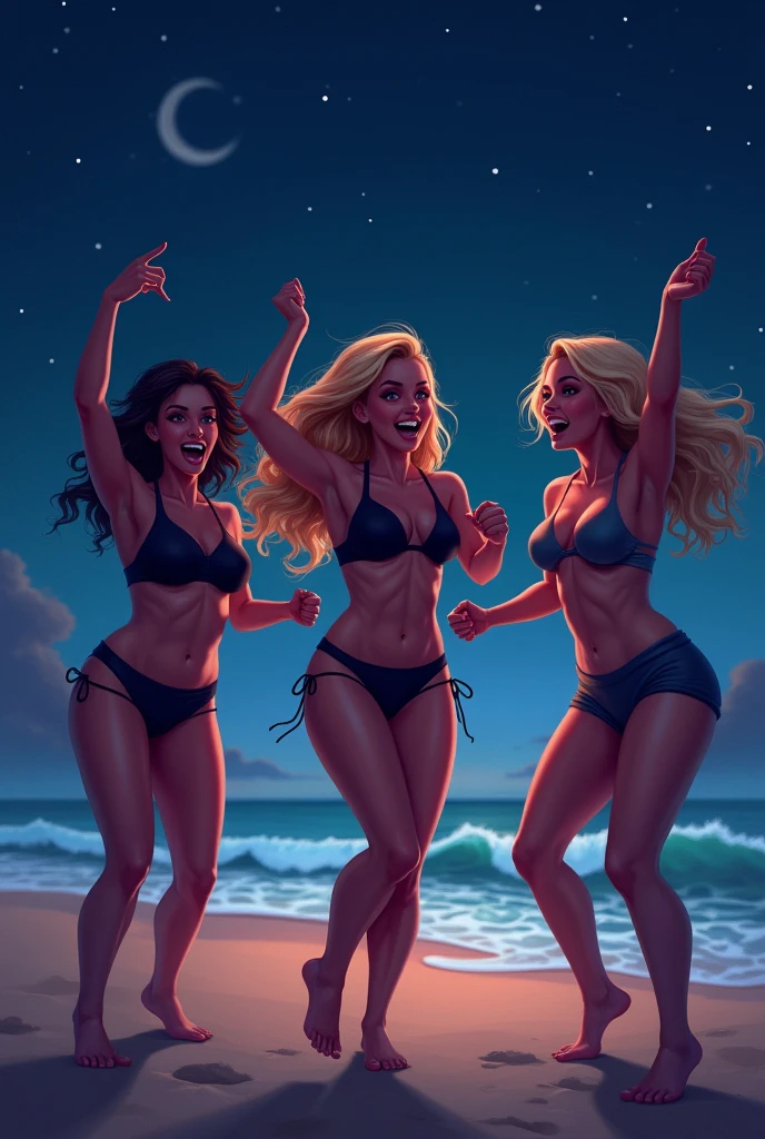 An image of three women in swimsuits dancing enthusiastically on a beach at night One in a black bikini The other two are wearing normal swimsuits.