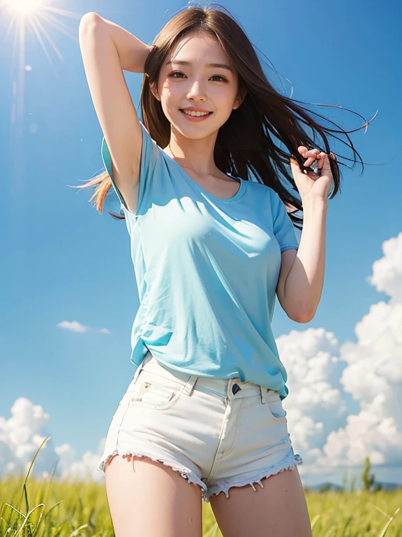 Blue sky。Green grassland。White cloud。Dazzling Sun。Beautiful woman in a white short-sleeved shirt and denim shorts。A cheerful smile。