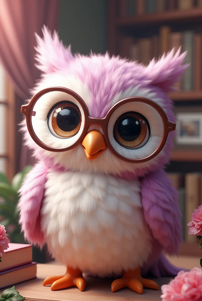 owlship, sweetie, glasses , ssmile, pink and lilac details, books and pictures