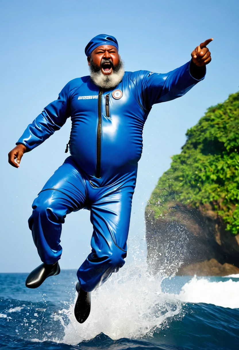(a dark-skinned bearded fat old man in a bulky blue zipper diver suit) jumping from the sea, dripping wet, attacking, fighting stance, carrying a gun and (wearing army beret), muscular, Basuki Abdullah, sumatraism, action, a character portrait, heroic, fierce, angry, best quality image