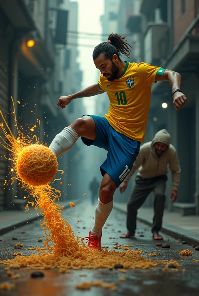 An instant noodle hitting Neymar Jr., who was giving a super powerful kick to a beggar
