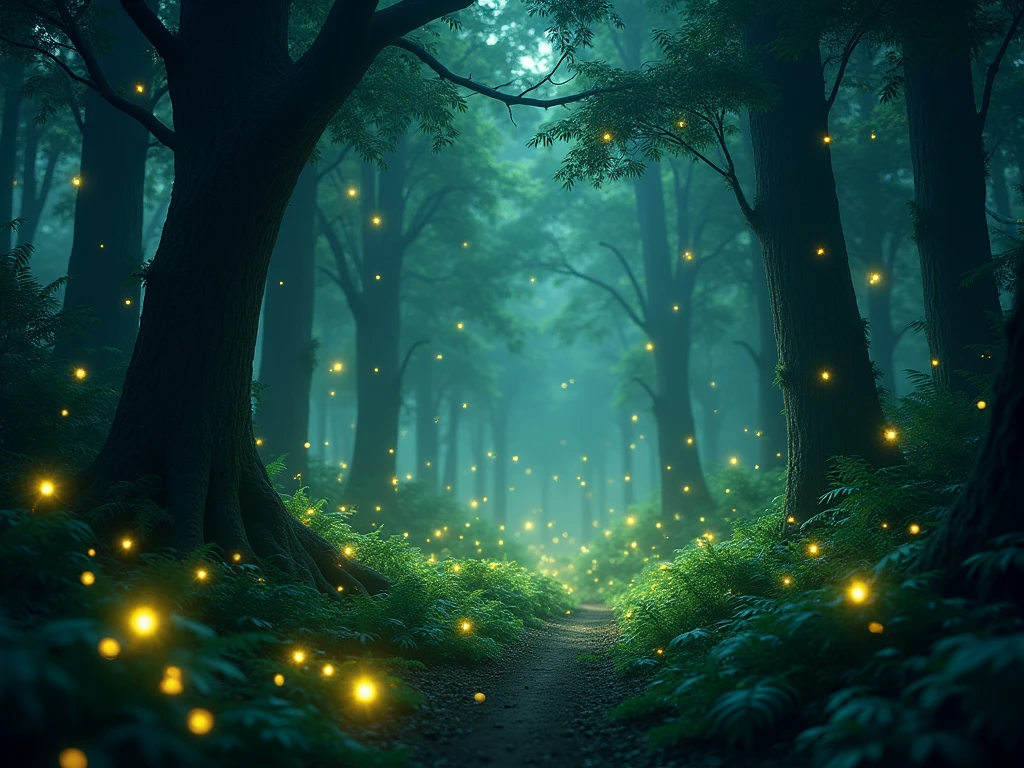 Generates an image of a forest full of fireflies lighting up the night