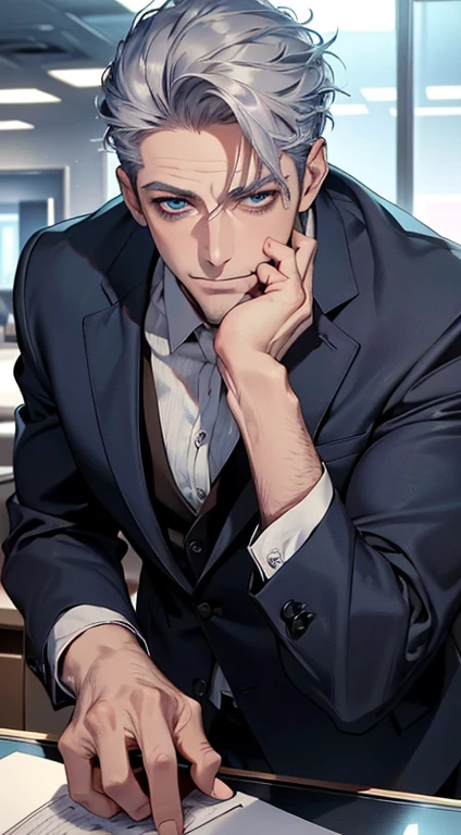 (best quality,4k,8k,highres,masterpiece:1.2),ultra-detailed,(realistic,photorealistic,photo-realistic:1.37),1 man,3,mature man,very handsome,without expression,smile,short grey blue hair,blue eyes,penetrating gaze,perfect face without errors,imposing posture,businessman,office background,cinematic lighting,hdr image