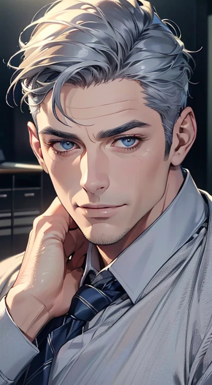 (best quality,4k,8k,highres,masterpiece:1.2),ultra-detailed,(realistic,photorealistic,photo-realistic:1.37),1 man,3,mature man,very handsome,without expression,smile,short grey blue hair,blue eyes,penetrating gaze,perfect face without errors,imposing posture,businessman,office background,cinematic lighting,hdr image