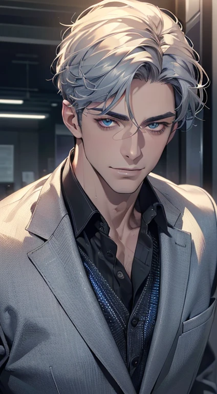 (best quality,4k,8k,highres,masterpiece:1.2),ultra-detailed,(realistic,photorealistic,photo-realistic:1.37),1 man,3,mature man,very handsome,without expression,smile,short grey blue hair,blue eyes,penetrating gaze,perfect face without errors,imposing posture,businessman,office background,cinematic lighting,hdr image