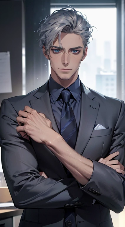 (best quality,4k,8k,highres,masterpiece:1.2),ultra-detailed,(realistic,photorealistic,photo-realistic:1.37),1 man,3,mature man,very handsome,without expression,smile,short grey blue hair,blue eyes,penetrating gaze,perfect face without errors,imposing posture,businessman,office background,cinematic lighting,hdr image