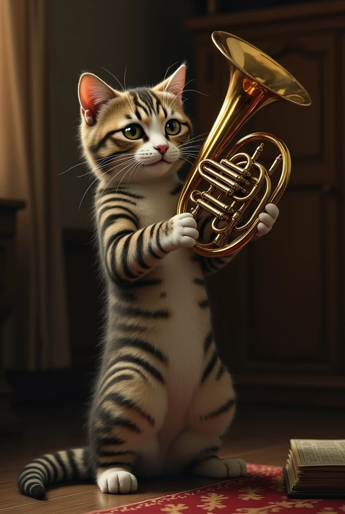 Draw a realistic cat playing a horn