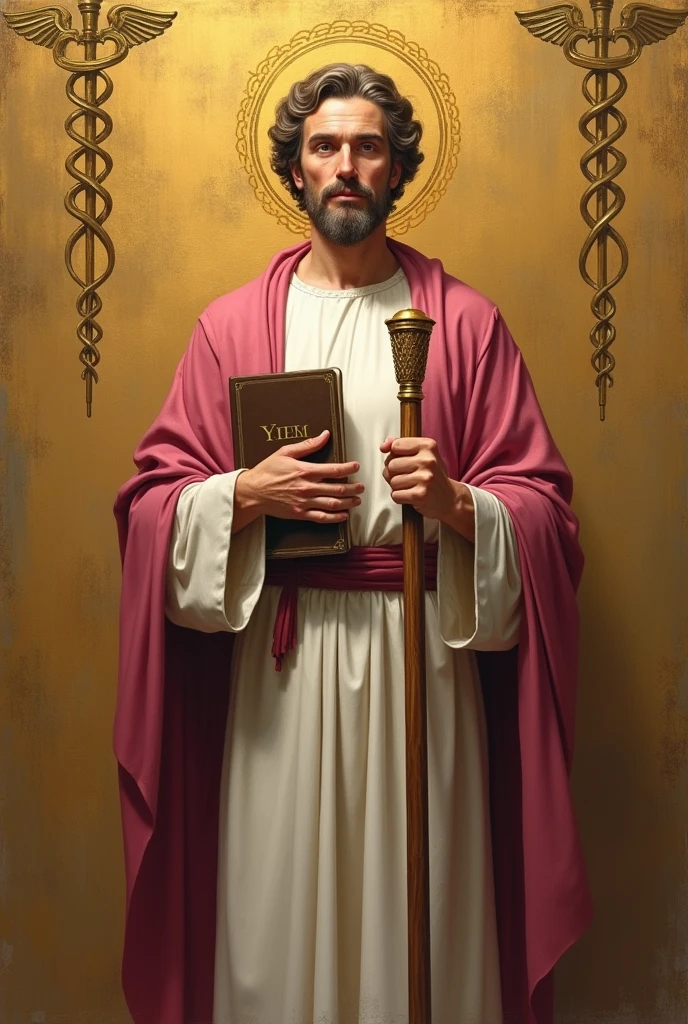 apostle saint matthew, a little older, patron of accounting, standing, with a white tunic and a pinkish red cloak, holding his gospel with his left hand, holding his staff in his right hand, and in the background a golden wall with a symbol "caduceus painted on the side"