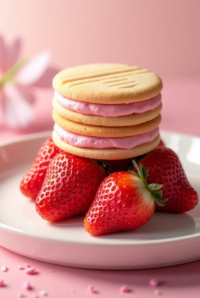 A waffer cookie on top of many strawberries the waffer cookie is filled with a pink cream there is another cookie there is cream and another cookie the cookie is thin horizontally it has relief with horizontal stripes 