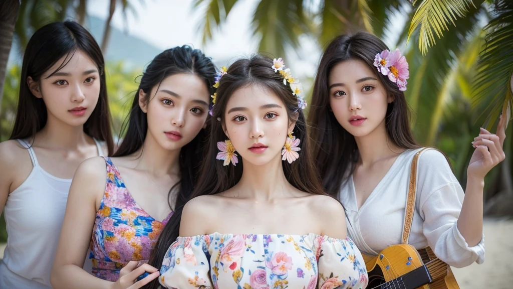 (8K, Super Quality: 1.2), (Masterpiece: 1.37), (Photorealistic: 1.37), (Ultra High Resolution), Four cute smiling K-pop girls in hippie casual clothes are playing instruments on a beach full of flowers and palm trees. Lively expressions, distinct eyes and faces. Beautiful composition, very clear, vivid, clean, realistic and vivid. Realistic and super high resolution details, realism to the limit, delicate textures, incredibly vivid and surreal detailed images, close-up focus, overall sharpness and details. (Insanely detailed, flowers: 1.5), (High Sharpness), (Detailed Pupils: 1.1), Detailed Faces and Eyes, Masterpiece, Super Quality, (Very Detailed Photographic: 1.1), (Young Woman: 1.1), Sharpness, (Perfect Body: 1.1), Realistic and Real Shadows, ..3D
