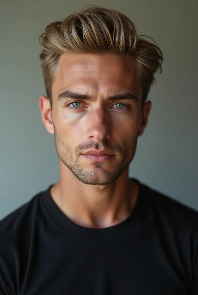 young blonde man, grey eyes hair combed back masculine and very attractive with black shirt no beard. very beautiful.
