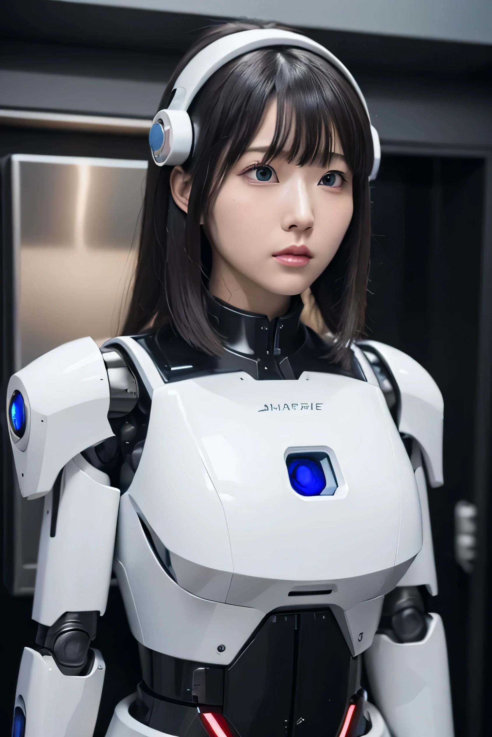 masterpiece, best quality, extremely detailed,  Japaese Cyborg girl,Plump , control panels,android,Droid,Mechanical Hand, Robot arms and legs, Black Robot Parts,Black hair,chubby,office-lady,Mechanical body,Blunt bangs,White robotics parts,perfect robot girl,long tube,thick cable connected her neck,ceramic body ,mechanical body, mechanical ear cover, mechanical costume,android,robot,humanoid,cyborg,japanese android woman ,mechanical chest,blue eyes,future laboratory,connecting a cable between the legs,blank eyes,hypnosis