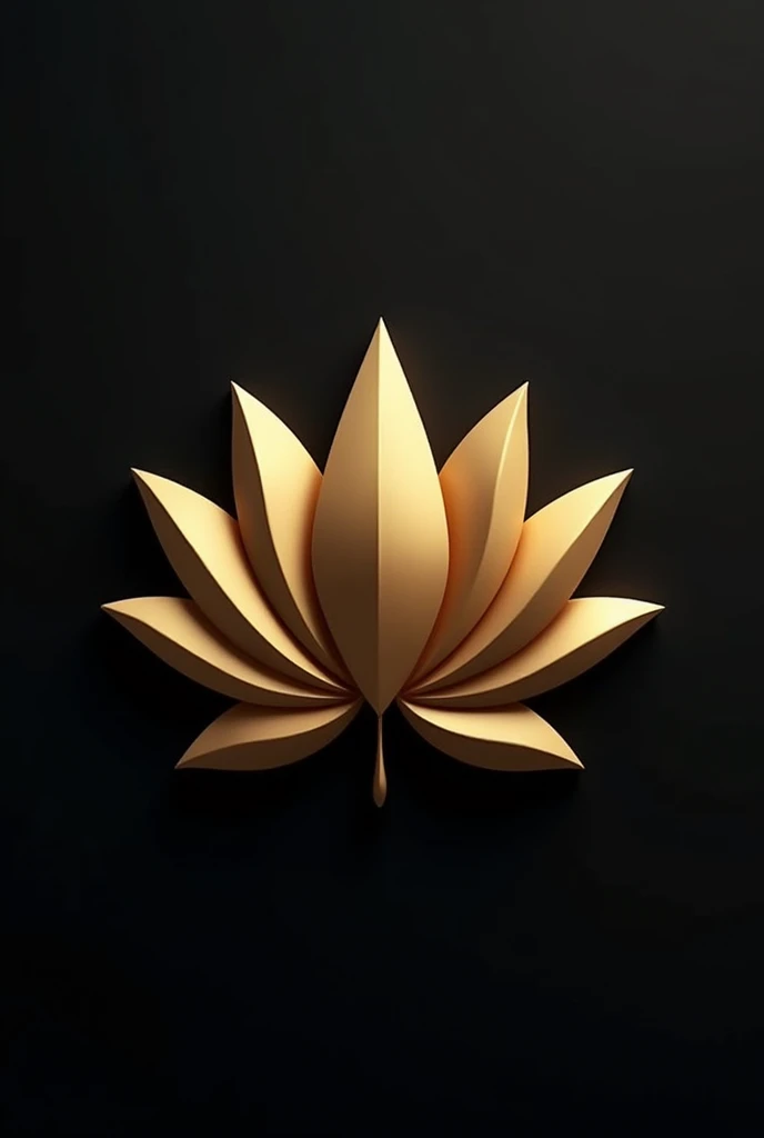 Design a sleek and modern 3D lotus flower emblem with sharp, angular petals, featuring a glossy gold finish. The petals should be arranged symmetrically, creating a bold and clean silhouette that stands out against a dark background. The flower's edges should be well-defined, with subtle shadows adding depth to the design. The overall aesthetic should convey luxury and sophistication, making the emblem suitable for a premium brand logo."