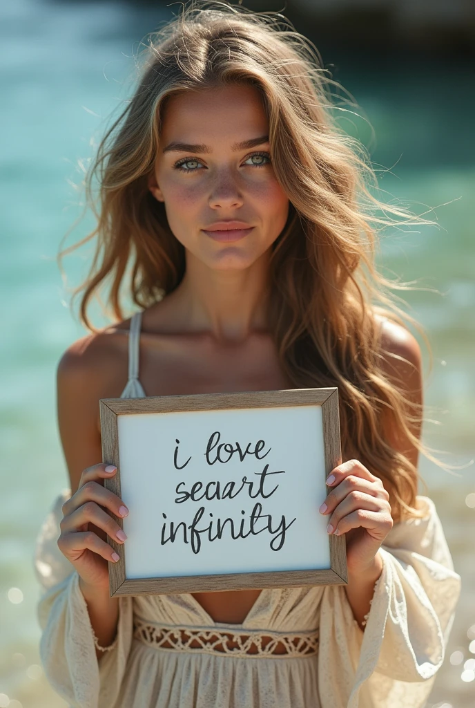 Beautiful girl with wavy long hair, bohemian dress, holding a white board with text "I Love Seaart Infinity" and showing it to the viewer