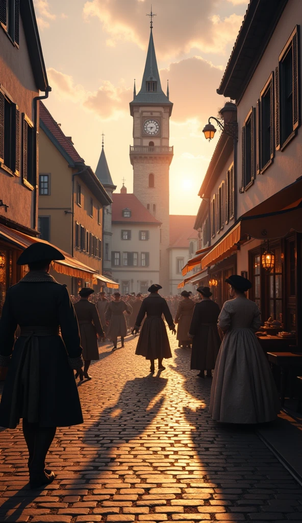 Close-up shot, Low angle shot, (A panoramic view of a Bavarian town in 1776, with a twilight sky casting a golden hue over the cobblestone streets. The town is bustling with locals in traditional 18th-century attire—tricorn hats, waistcoats, and long dresses—going about their daily lives. The mood is tense, as whispers of revolution hang in the air. In the background, a grand clock tower looms over the town square, hinting at the passage of time and the brewing unrest.) unreal engine, cinematic, hyper-real, highly detailed, Ultra realistic HD --q 2 --v 6.1 --ar 9:16