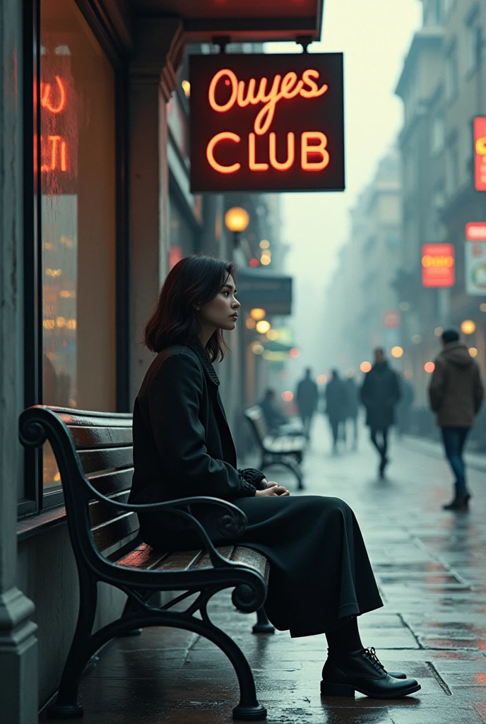 A woman sitting on a bench and she is in front of a sign that says ouyes club 
