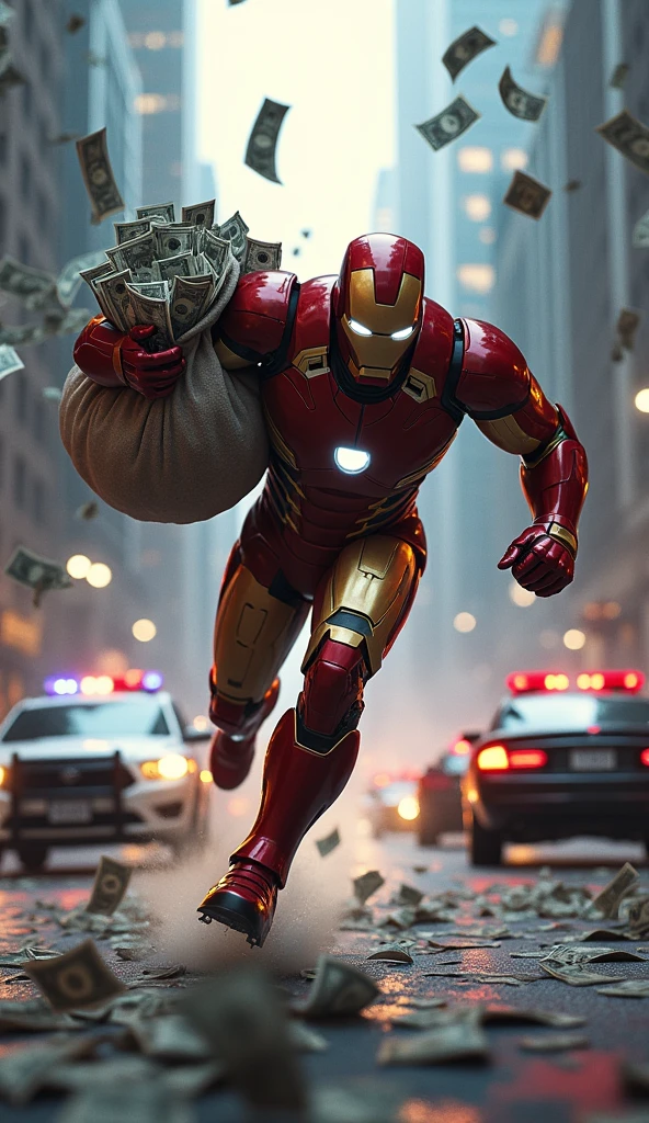 Make a picture in which Ironman is running away with a lot of money and the money is scattered everywhere and the police has surrounded him from all sides