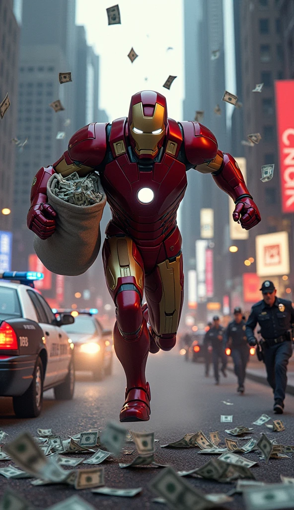 Make a picture in which Ironman is running away with a lot of money and the money is scattered everywhere and the police has surrounded him from all sides
