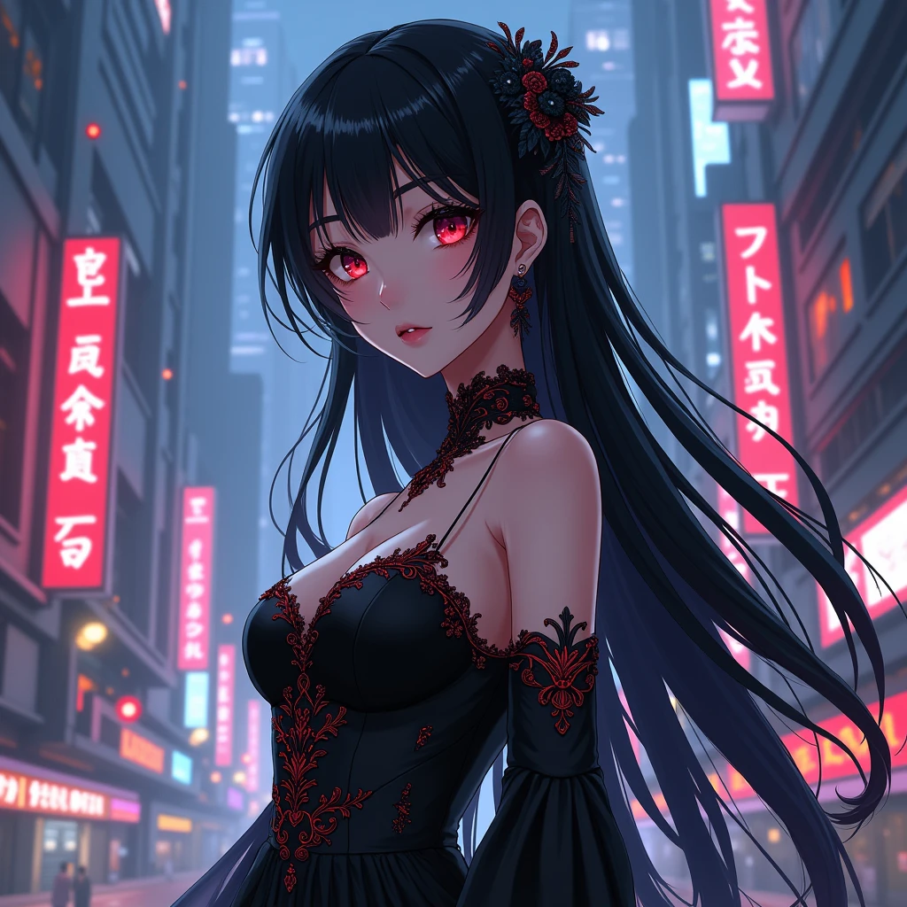 An anime character: Asian woman with red eyes. Her hair is black and long with bangs. She is wearing a black wedding dress. Ao fundo, a cyberpunk setting full of neons.