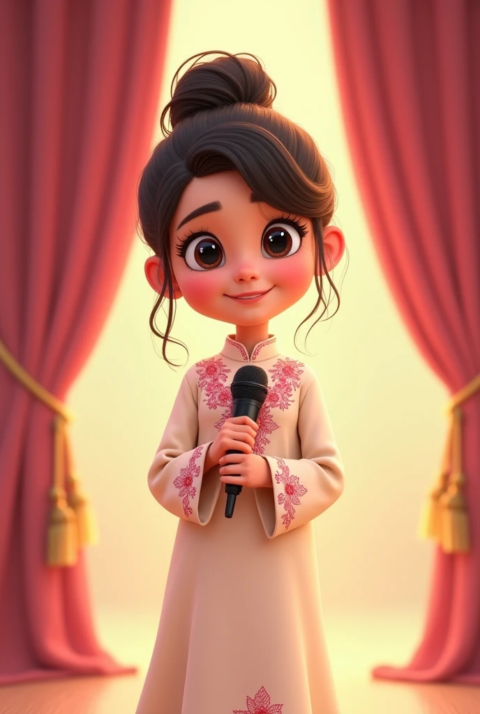Lily, (highest quality, 4k, masterpiece:1.3), A young Pakistani Muslim girl wearing a traditional cream shalwar kameez with pink floral embroidery. Her hair is styled in a neat bun with loose strands framing her face, as seen in previous images. She holds the microphone close to her chest, looking thoughtful, a gentle smile on her face. The image is in a 2D animation style, with bright colors, cartoonish features, and soft, smooth shading. The background shows soft curtains, warm stage lighting, and a playful, joyful atmosphere. Clear outlines, simple textures, and an illustrated, digital painting look. (Cream shalwar kameez, pink floral embroidery, consistent outfit:1.3), (same hairstyle as before:1.3), (microphone in hand:1.3), (microphone always visible:1.3)