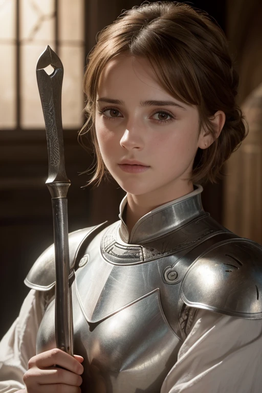 The expression on her face is confident,1 Jeanne d'Arc,(BestQuality,4K,8k,HighResolution,Masterpiece:1.2),High Definition,(realistic,photo-realistic,photo-realistic:1.37),Portrait Jeanne d'Arc,female knight,short brown hair,cinematography,vivid colors,Emma Watson as Joan of Arc,Emma Watson as Joan of Arc,