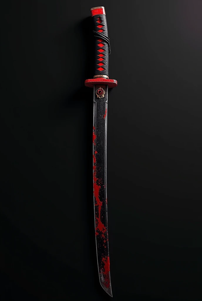 A katana with a black handle and blood red details, very simple with some wires and some trinkets on the handle, with what looks like blood spatter on the grip, its handle is all worked in wine red and black, a great mix to look like blood and shades of red, The blade of this katana is black but its shine is incredible, It is a katana considered professional