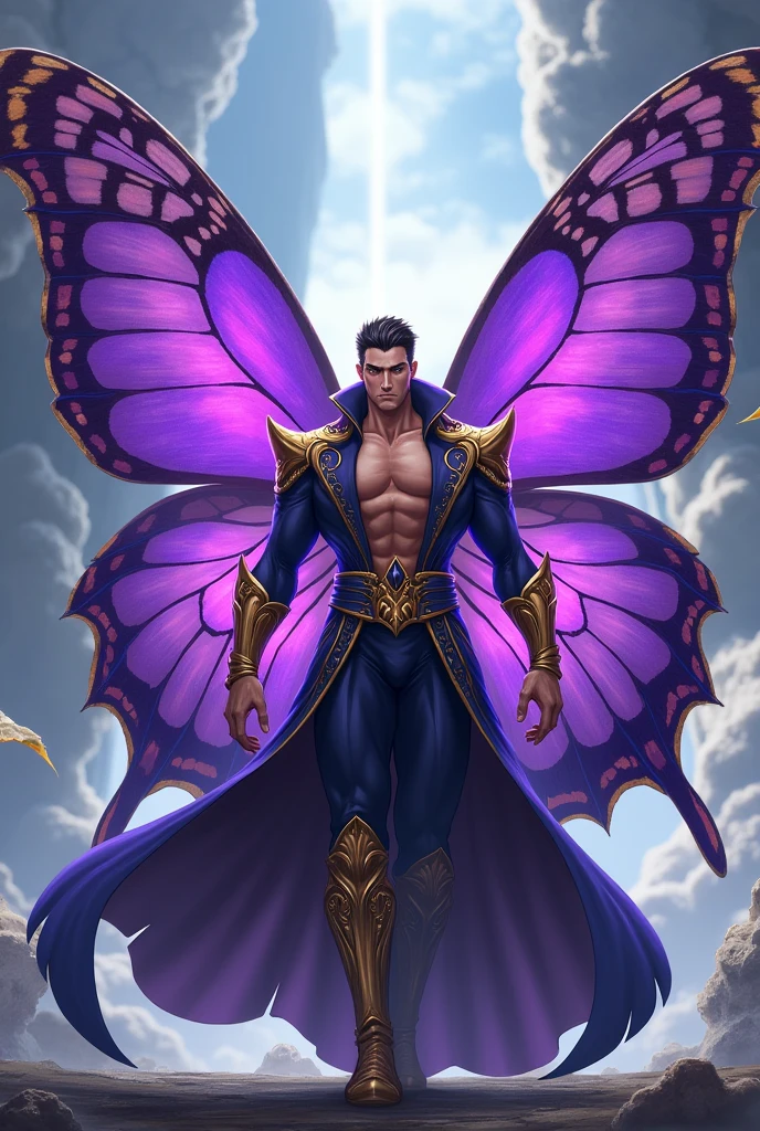 Create an anime style man with purple butterfly wings , This man is muscular and he is a king