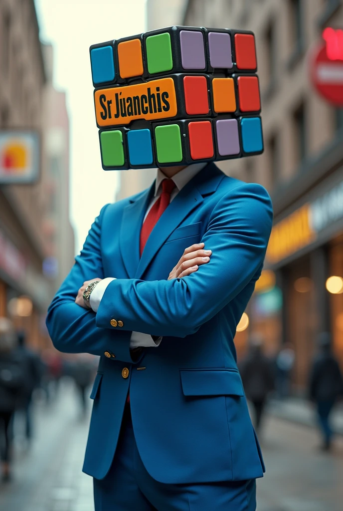 Create a character with a Rubik&#39;s cube head with no facial features above it should say" SR JUANCHIS" He wears a blue suit, It&#39;s a jacket and pants, 
what say "SR JUANCHIS" up and calls himself the king of puzzles 