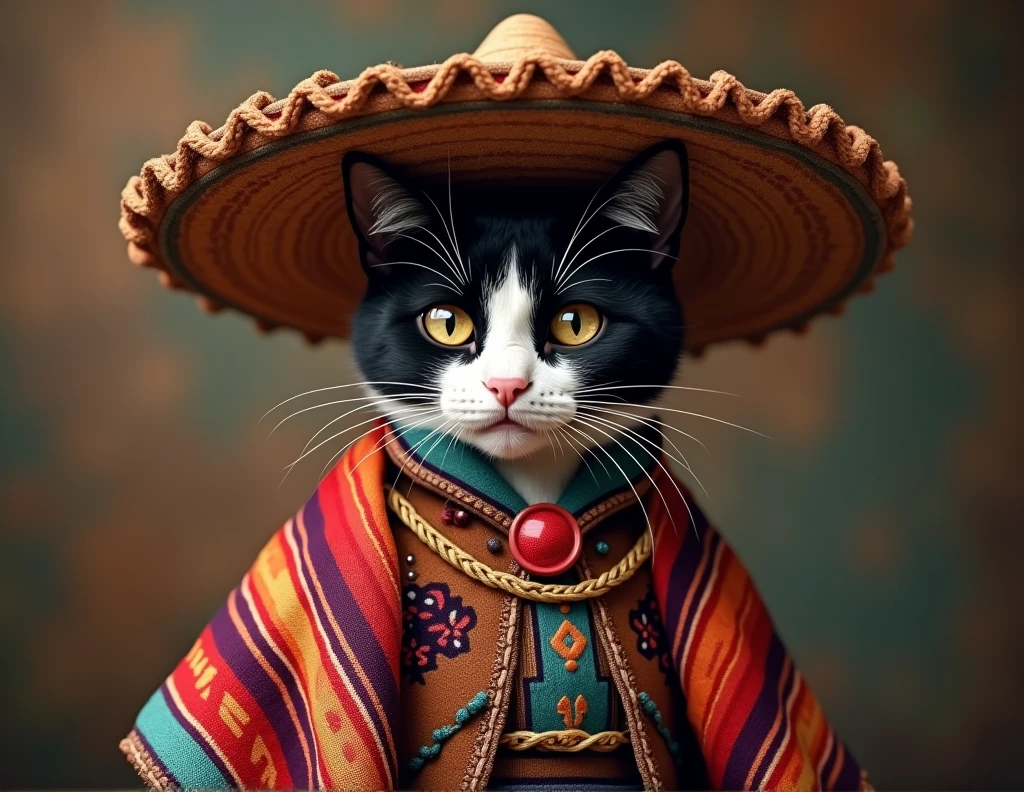 Black and white cat dressed in typical Mexican clothing