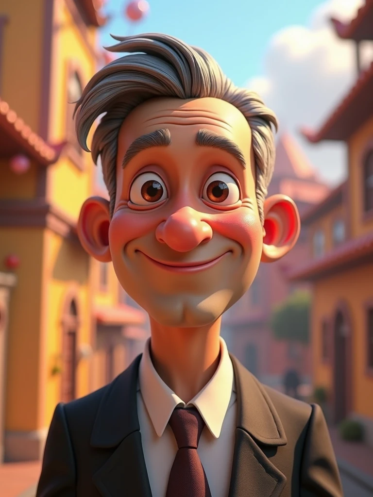 Create a Disney Pixar-style, 3D character of a 6 man, brown eyes, short gray hair, with a normal mouth, a big, airy nose, thick eyeshadows, wearing dress clothes