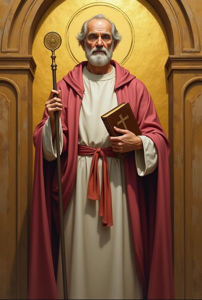 apostle saint matthew, a little older, patron of accounting, standing, with a white tunic and a pinkish red cloak, holding his gospel with his left hand, holding his staff in his right hand, and in the background a golden wall with a symbol "caduceus painted on the side"