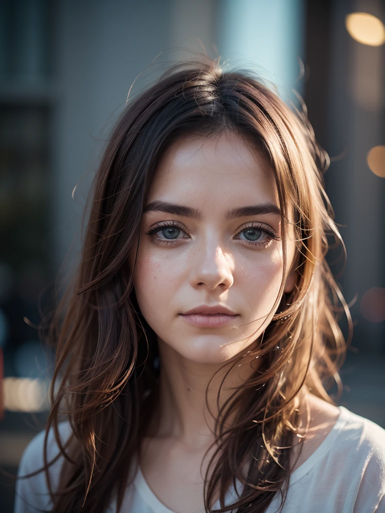 Young brunette military woman with very long wavy hair, Yeux verts, pouty lips, peau blanche, Perfectly defined eyebrows. photo realist.