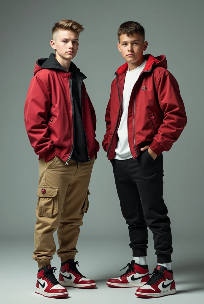 Two teenage boys both wearing Nike Jordans 1 with different colors. The Jordans should be clearly visible and original in the picture. Both have their hair styled and the sides at zero. Both boys are German and can be seen completely in the picture. The picture must be realistically photogenic.