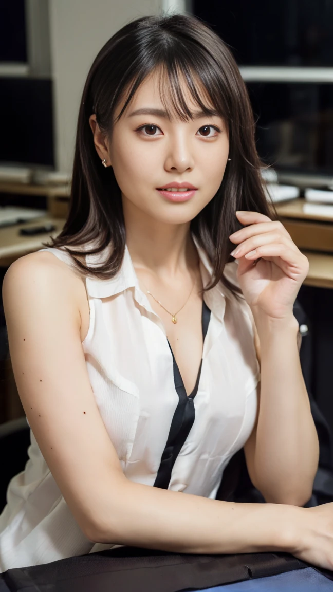 (top-quality, 16K, ​masterpiece:1.3), (ultra detailed), (masterpiece), (best quality), Highest quality, Realistic, Surreal, Highest quality, Extremely detailed CG, Very delicate, 16K wallpaper, High resolution, A woman in a management position at a prestigious company,  38歳, beautiful woman, ((Silky hair:1.2)), (beautiful short hair:1.2), BREAK ((upper body:1.5)), ((look into the viewer's eyes:1.5)), ((looking at viewer:1.5)), ((Front view:1.5)), ((from front:1.5)), BREAK ((thin lips:1.5)), ((orgasm:1.5)), ((ecstasy:1.5)), ((mole under eye:1.2)), ((UNTITLED business suit:1.2)), ((Very simple necklace)), With a large window Japanese office, ((Working at desk:1.5)), Japanese, slender body, very detailed, detailed fingers, detailed hands, detailed eyes, detailed legs, accurate and perfect human anatomy, real human skin,