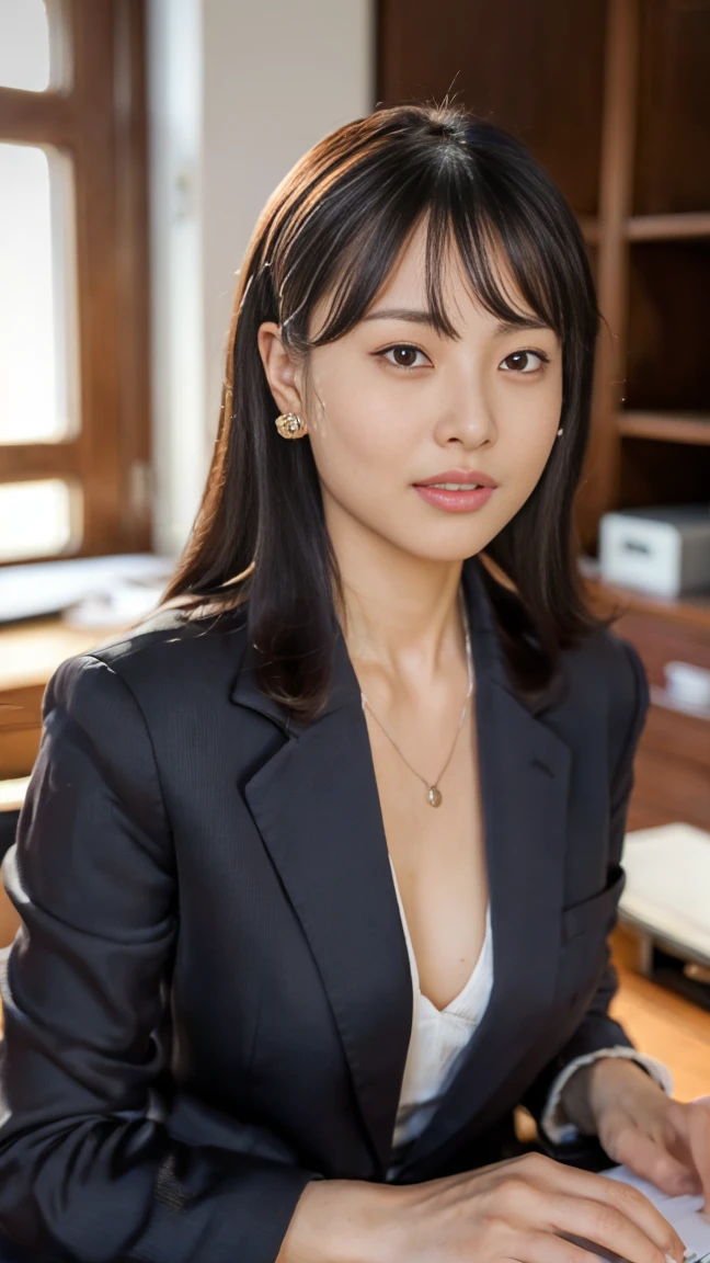 (top-quality, 16K, ​masterpiece:1.3), (ultra detailed), (masterpiece), (best quality), Highest quality, Realistic, Surreal, Highest quality, Extremely detailed CG, Very delicate, 16K wallpaper, High resolution, A woman in a management position at a prestigious company,  38歳, beautiful woman, ((Silky hair:1.2)), (beautiful short hair:1.2), BREAK ((upper body:1.5)), ((look into the viewer's eyes:1.5)), ((looking at viewer:1.5)), ((Front view:1.5)), ((from front:1.5)), BREAK ((thin lips:1.5)), ((orgasm:1.5)), ((ecstasy:1.5)), ((mole under eye:1.2)), ((UNTITLED business suit:1.2)), ((Very simple necklace)), With a large window Japanese office, ((Working at desk:1.5)), Japanese, slender body, very detailed, detailed fingers, detailed hands, detailed eyes, detailed legs, accurate and perfect human anatomy, real human skin,