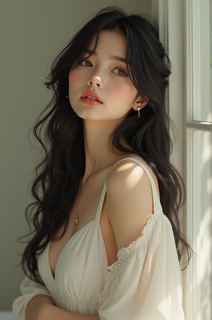 one female character, Brunetette, cabelos longos e negros, lightbrown eyes, with a standard face, slim , and with a dress that goes down to the calf