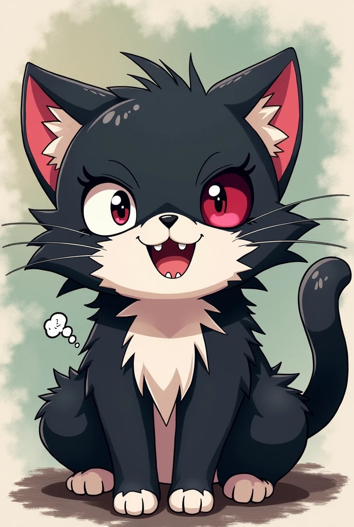 "Create an image of a cat with characteristics similar to the bear from the anime Danganronpa. The cat should have black and white fur, with a playful and mischievous expression. One side of the face should be smiling, while the other side should look more serious, mimicking the style of contrasting sides like the bear. Include details like large, expressive eyes and an air of charisma and trickery." More dangaropa 
