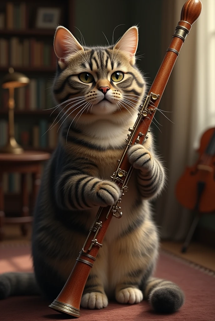 Draw a realistic cat playing the bassoon