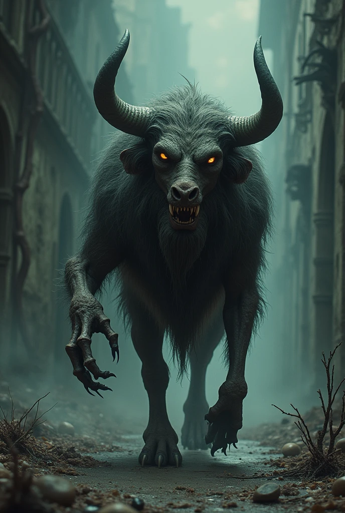 Chimera walking on all fours with disgusting ox foot skeletal and deformed hairy with long tail no eyes and with long horns, half dark academia dc comics style dc comics style