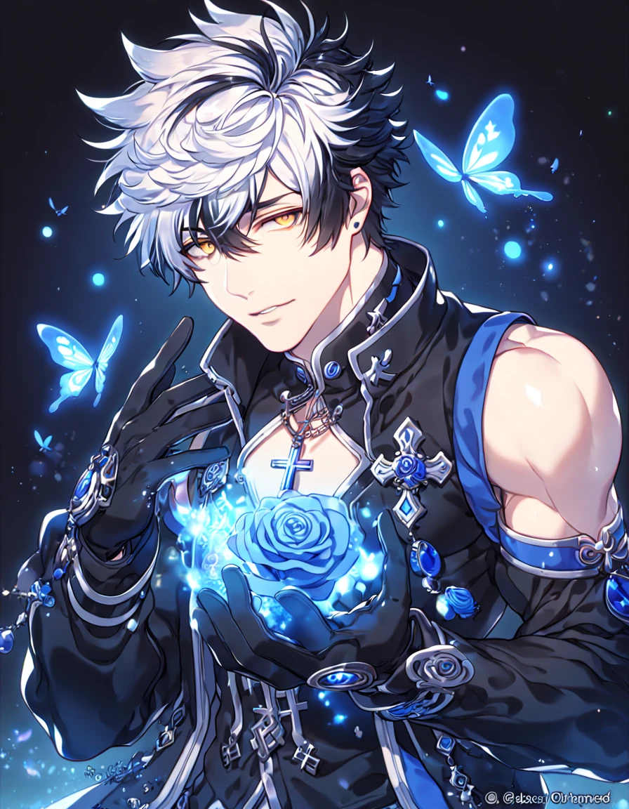 absurdres, highres, ultra detailed, HDR, master piece, best quality, extremely detailed, detailed face, detailed eyes, Raven, spiked hair, bicolor hair, right side black hair, left side white hair, expressive yellow eyes, Elsword, solo, sexy man, handsome, manly man, adult face, black coat, sleeveless, detached sleeves, cross necklace, showing the chest, black gloves, magical, fantasy, under a blue tree, blue flames, blue moon, blue fireflies, blue roses, blue butterflies, glass magic