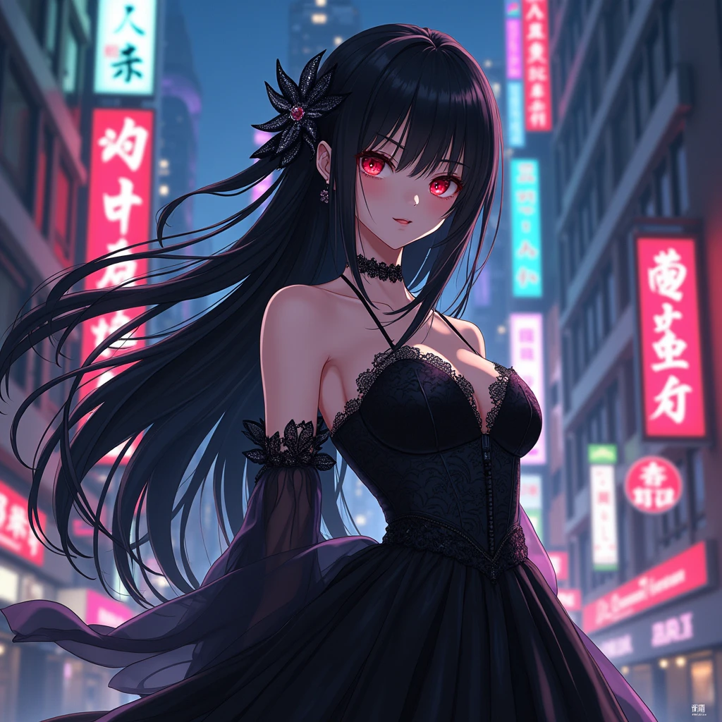 An anime character: Asian woman with red eyes. Her hair is black and long with bangs. She is wearing a black wedding dress. Ao fundo, a cyberpunk setting full of neons.