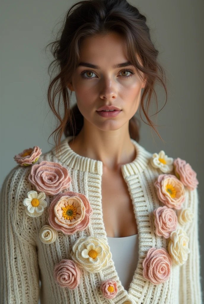 European woman model wearing knitted cardigan with lots of small crochet flowers sewn onto the cardigan. 