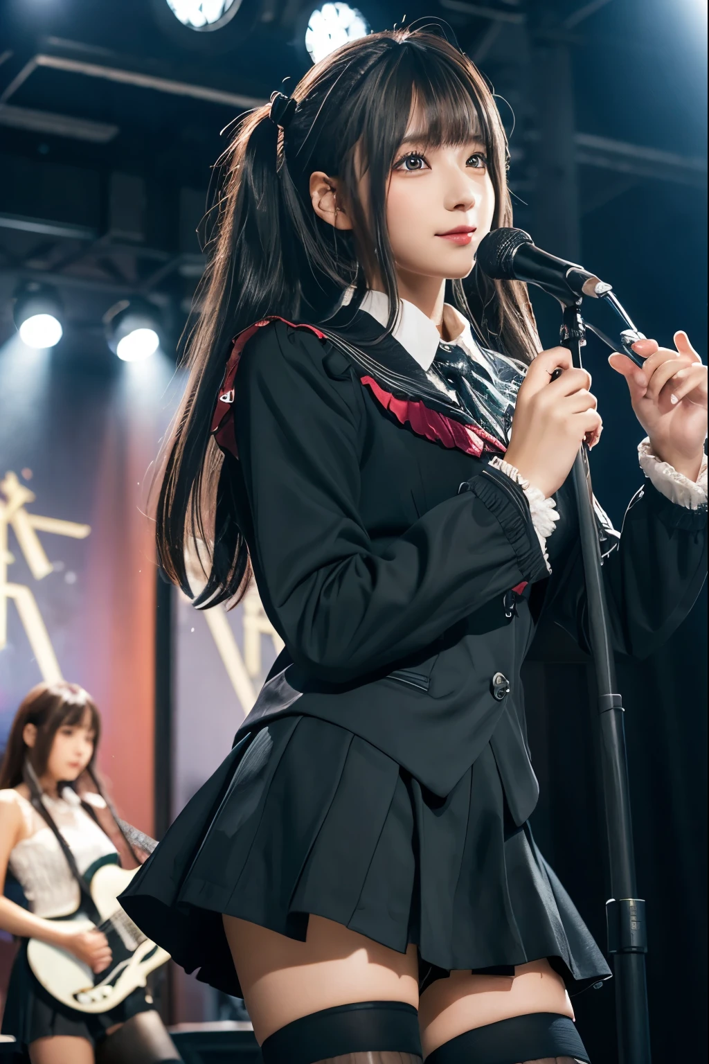 High school girl blazer、uniform、Red checked knee-length skirt、Long skirt、JK Style、Jacket、smile、Knee-high socks、Thigh-high socks、pantyhose、Extremely beautiful、Super cute、ennui、Rare Beauty、Dark black eyeshadow、sad、Skin radiance、Long Hair Straight Hair、Dark Gothic Makeup、Dark Smile、Fragrant beauty、Stained glass background、masterpiece、Highest quality、See 5 books、Sweat glistening on my chest、Sweat glistening on the face、Small breasts、2、Slightly slim、Mysterious look、Sad look、Mysterious Gothic Church、enchanting castle、Excessive sweating all over the body、Thighsに大量の汗と光、光沢のあるThighs、Thighs、Thighsに大量の汗が光る、sweat profusely、Gal、Small breasts、Japanese face、Captivating look、細いThighs、play the guitar、I have a guitar、Enthusiastic singing、バンドでplay the guitar、Playing guitar chords、Background of the live music venue、Sing a song、Open your mouth、Scenery of a live music venue、Mike stand、Glamorous live stage、Dynamic Angles、Vivid straight long hair、delicate straight hair、